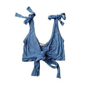 We The Free Blue Ribbed Sleeveless Cropped V-Neck Wrap Style Tie Top Women's XS